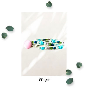 Pastel Glass Beaded Double Wrap Bracelet - Pink Fabric Button